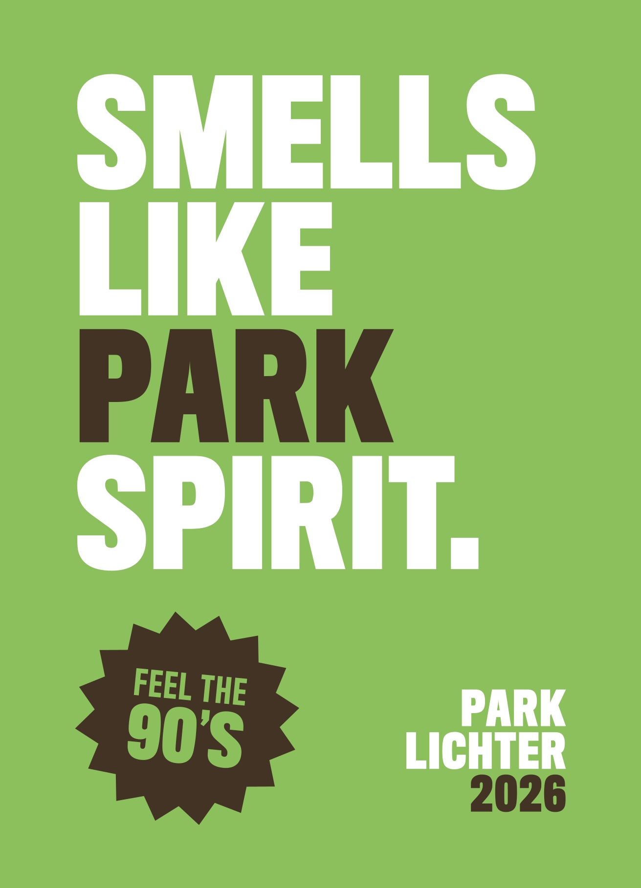 90er-Postkarte mit dem Spruch „Smells like Park Spirit“ für den Parklichter-Samstag 2026 unter dem Motto „Feel the 90’s“.