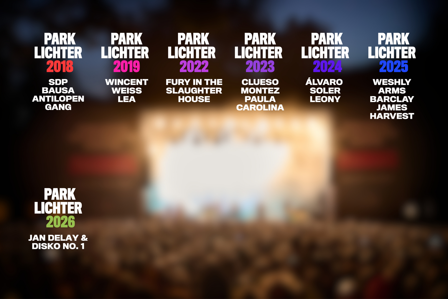 Hall of Fame Grafik zum Parklichter Konzert-Freitag im Kurpark Bad Oeynhausen mit Künstlern von 2018 bis 2026.