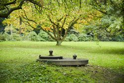 Wittekindbrunnen II im Kurpark Bad Oeynhausen mit Brunnenabdeckung im Grünen