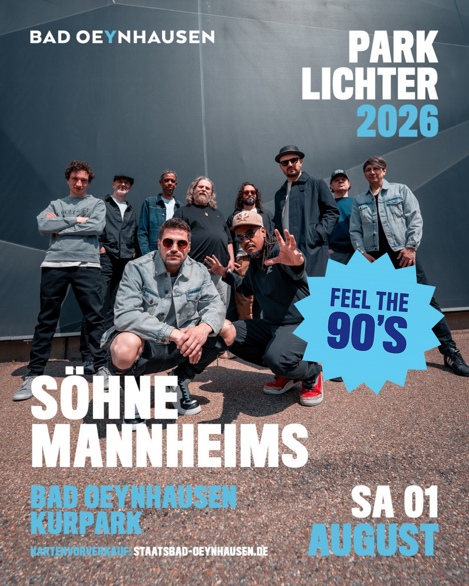 Gruppenfoto der Söhne Mannheims für den Parklichter-Samstag 2026 im Kurpark Bad Oeynhausen mit dem Motto „Feel the 90’s“.