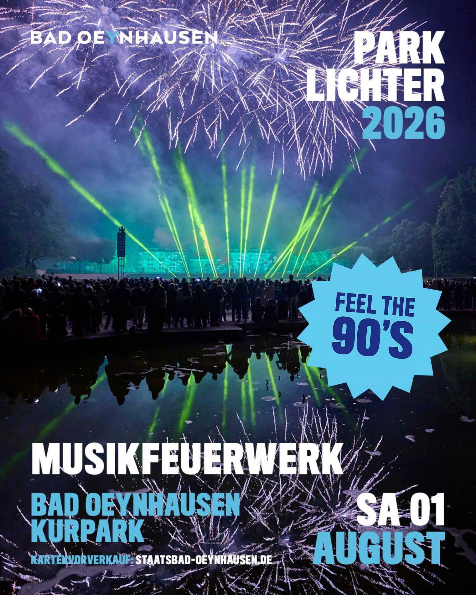 Musik-synchrones Höhenfeuerwerk mit Lasershow beim Parklichter-Samstag 2026 im Kurpark Bad Oeynhausen unter dem Motto „Feel the 90’s“.