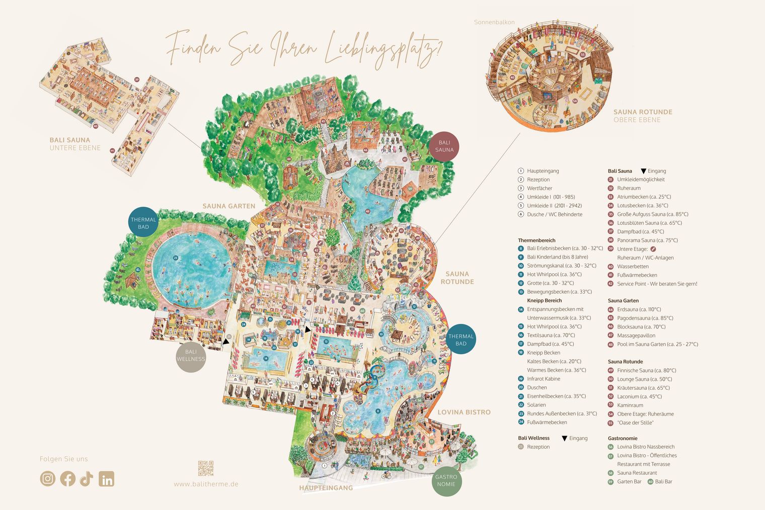Übersichtsplan der Bali Therme in Bad Oeynhausen mit Thermalbad, Saunagarten, Sauna Rotunde, Bali Sauna und Wellnessbereich.