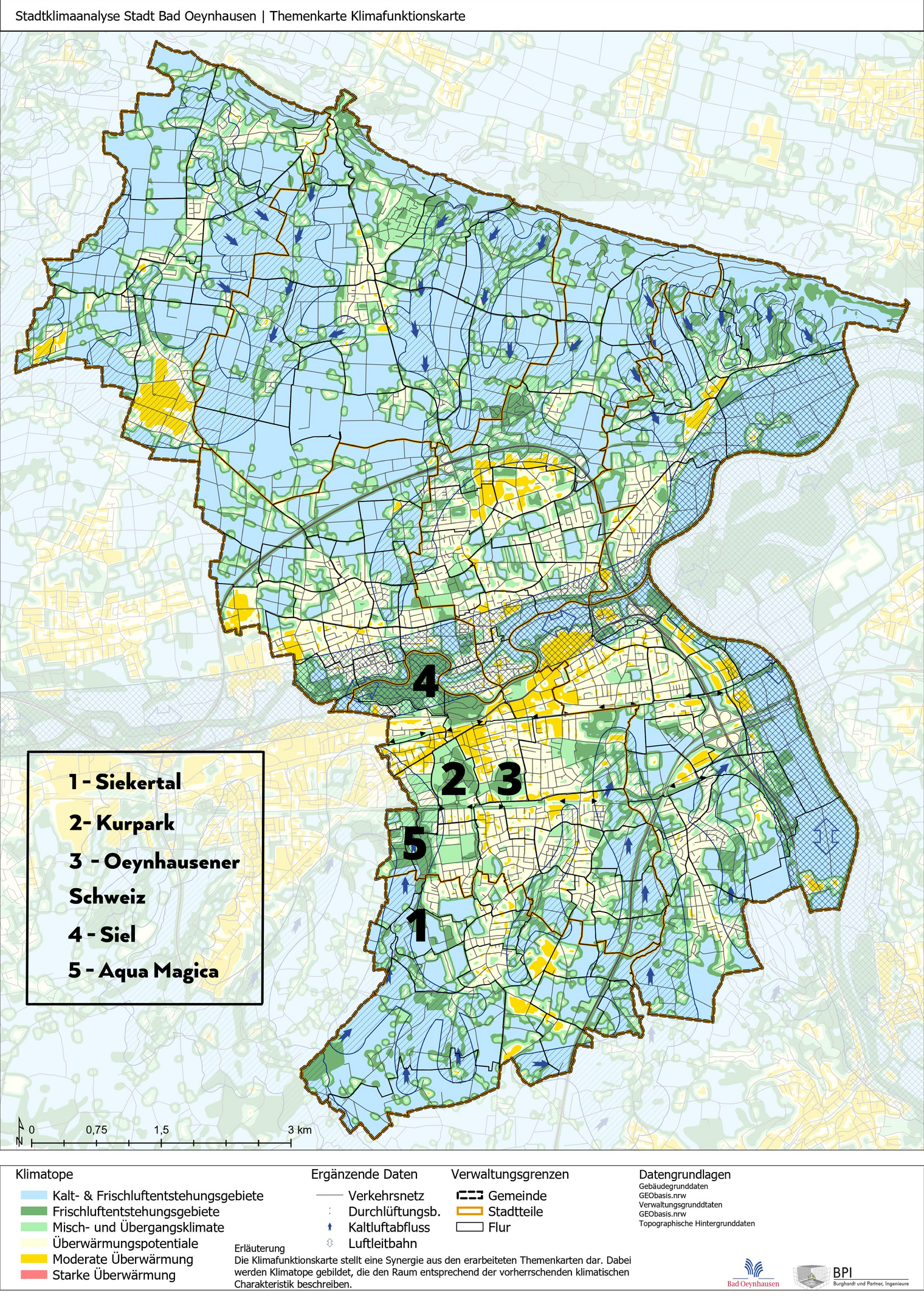 Klima-Karte von Bad Oeynhausen mit markierten Klimatopen, Kaltluftentstehungsgebieten und Hitze-Hotspots