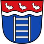 Stadtwappen von Bad Oeynhausen mit silberner Leiter auf blauem Grund, Wellenbalken und drei Merletten