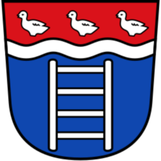 Stadtwappen von Bad Oeynhausen mit silberner Leiter auf blauem Grund, Wellenbalken und drei Merletten