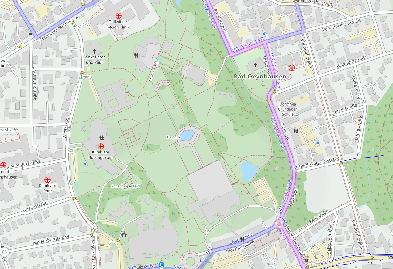 Karte vom Kurpark Bad Oeynhausen mit Wegen, Gebäuden und Heilquellen