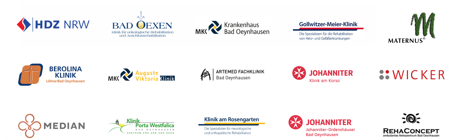 Kliniklandschaft Bad Oeynhausen mit Logos von Reha- und Fachkliniken wie HDZ NRW, Bad Oexen und Klinik am Rosengarten