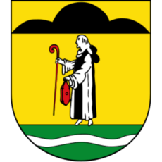 Stadtwappen von Eidinghausen in Bad Oeynhausen mit schwarzem Dreiberg, Mönch, grünem Hintergrund und silbernem Wellenbalken