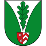 Stadtwappen von Lohe in Bad Oeynhausen mit grünem Eichenblatt, silbernem Keil und Herzschild mit Schlüssel und roten Sparren
