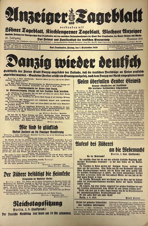 Zeitungsausgabe vom 1. September 1939 zum Kriegsbeginn; Bad Oeynhausen wurde 1939 Teillazarett, der Badebetrieb brach zusammen.