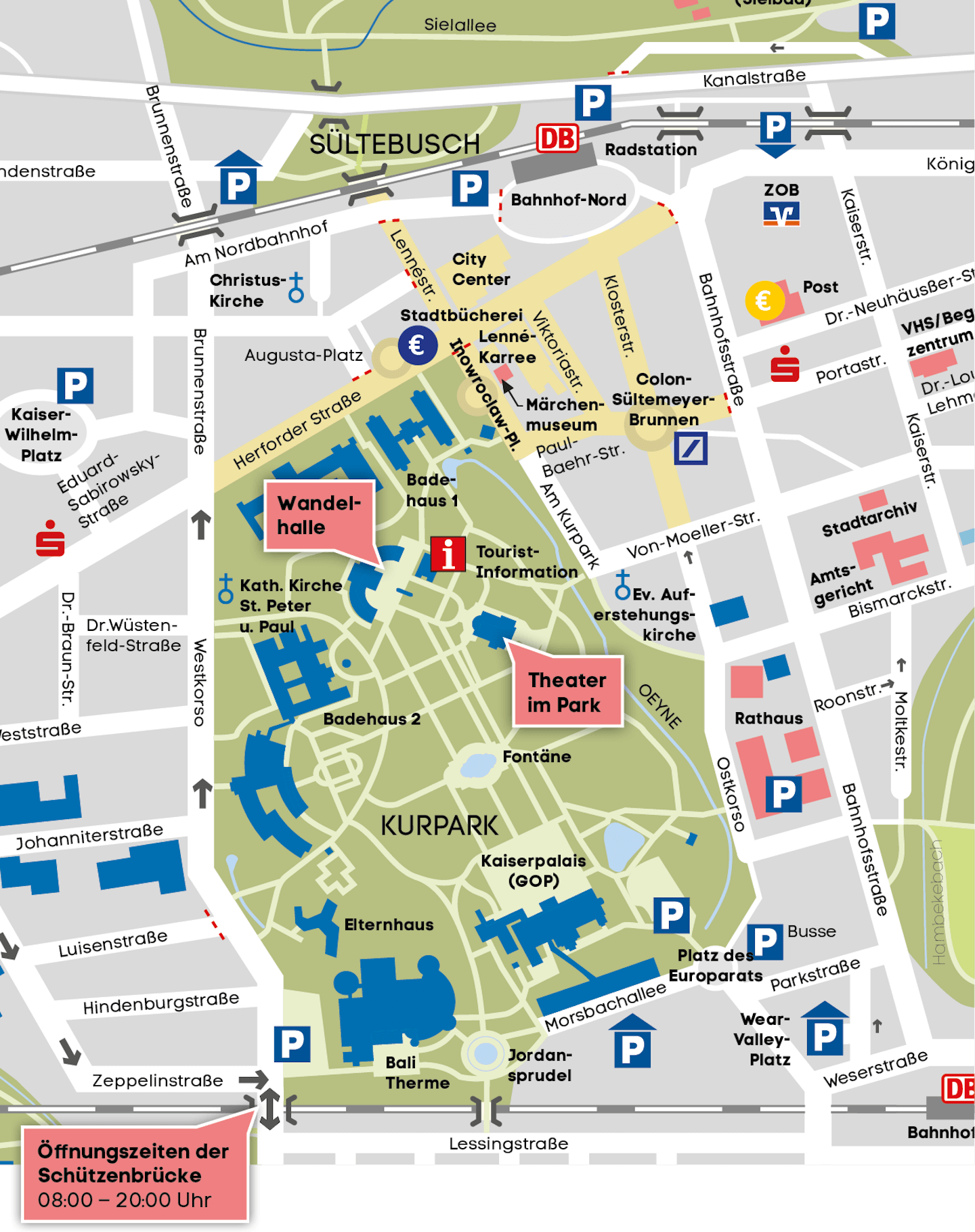 Plan des Kurparks und der Innenstadt mit allen Sehenswürdigkeiten